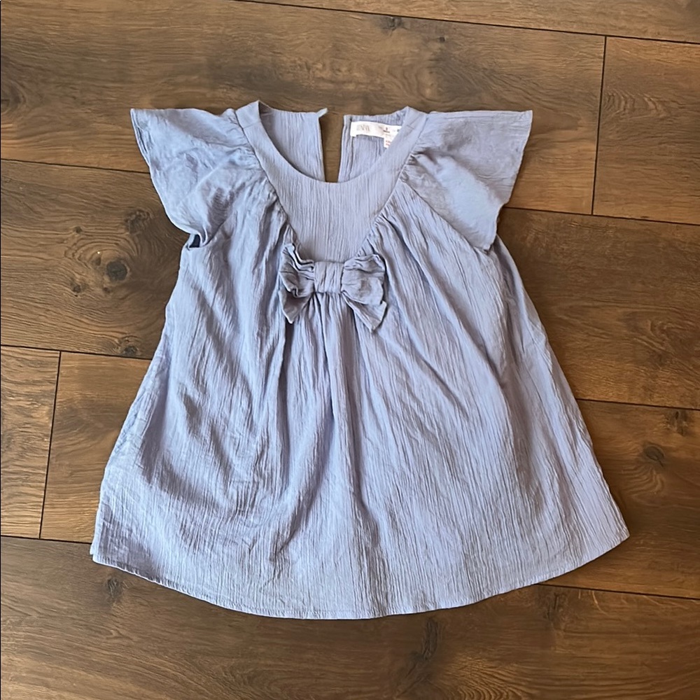 Worn once Zara Kids Textured Bow Dress in blue, size 3 years
